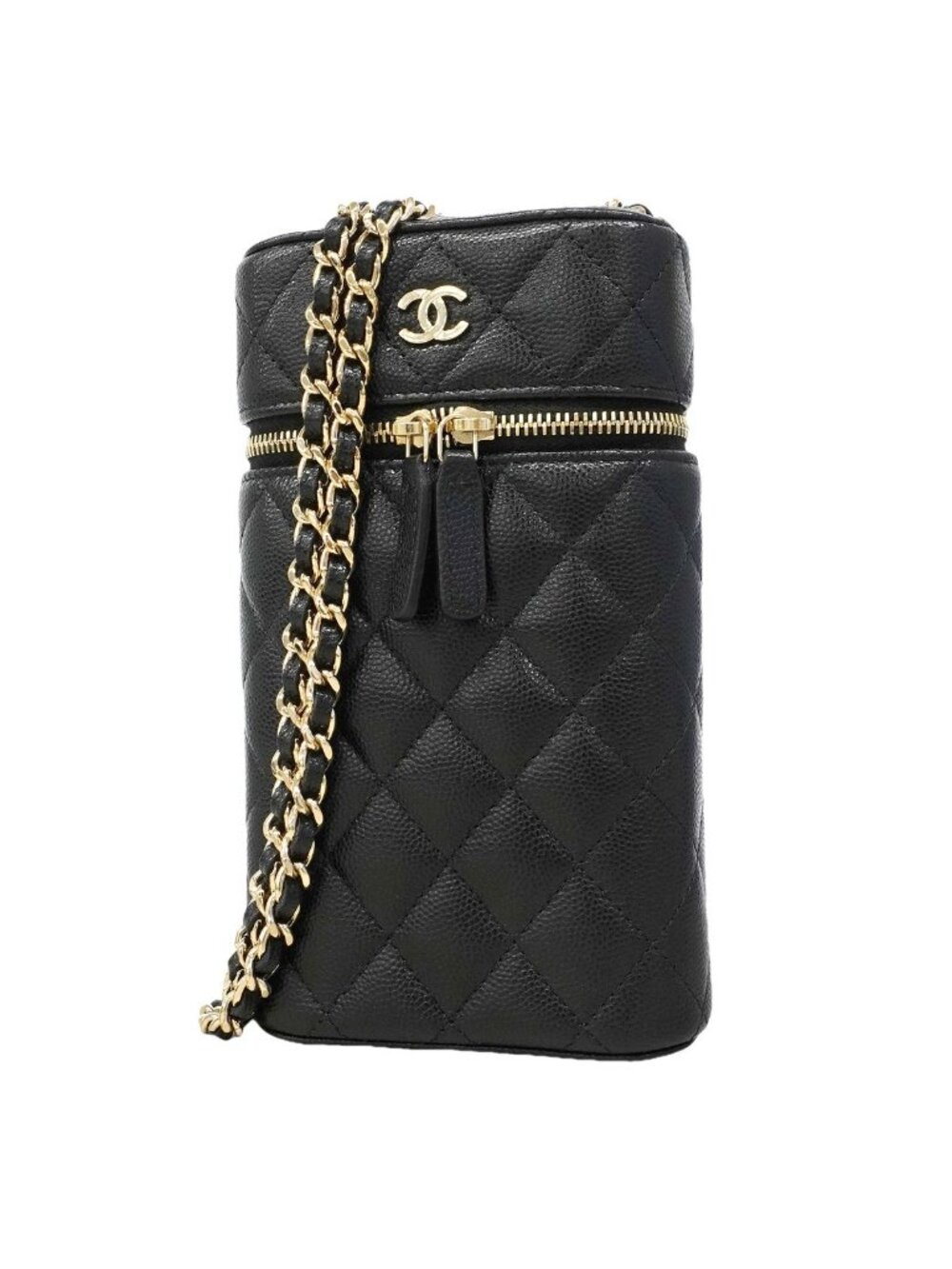 Chanel Shoulder Bag Quilted Caviar Leather Black Champagne Gold